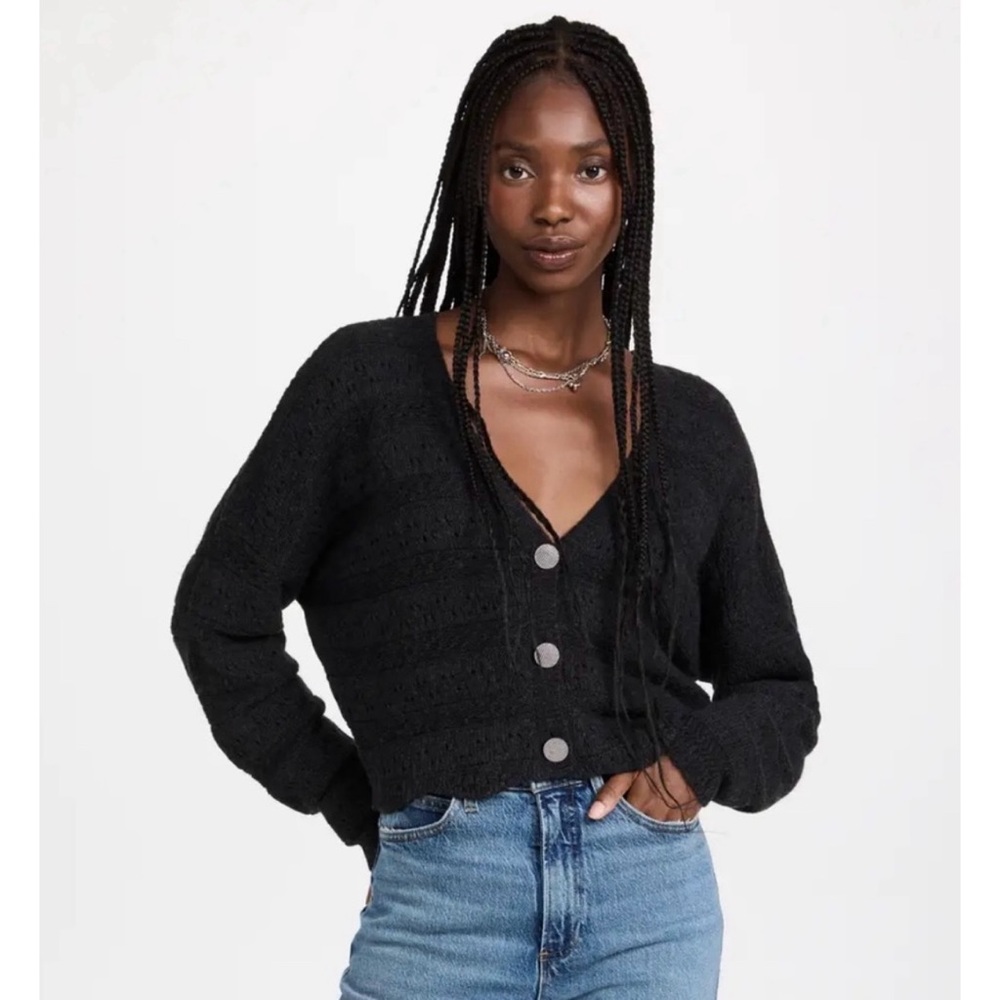 BA&SH Harold Pointelle Cardigan in Gray V-Neck Crop Buttons Wool Cashmere Blend